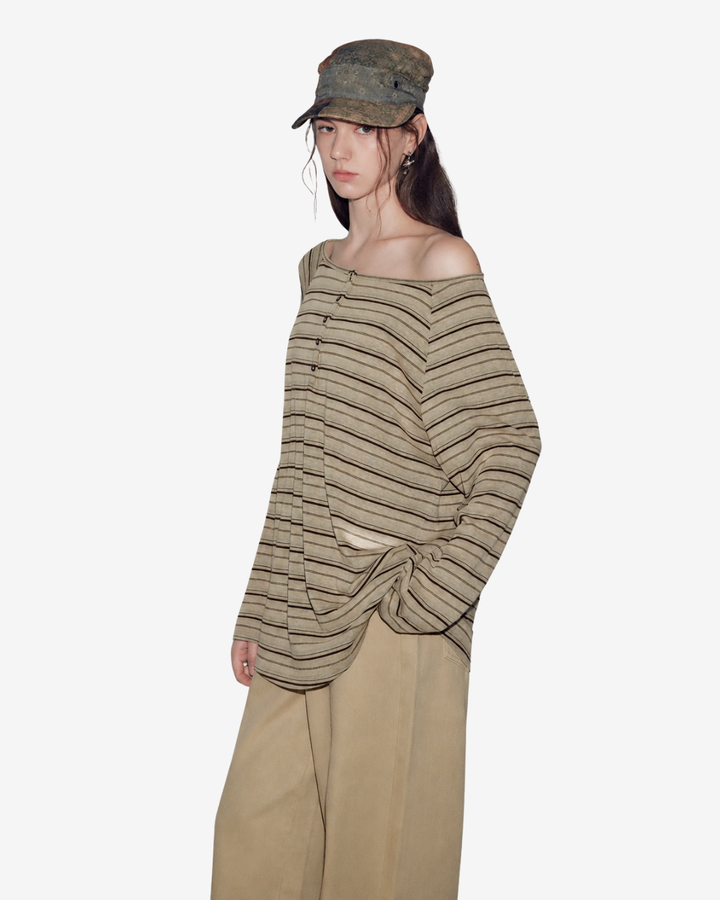 Annachic ヘンリーカラーストライプオフショルダーカットソー