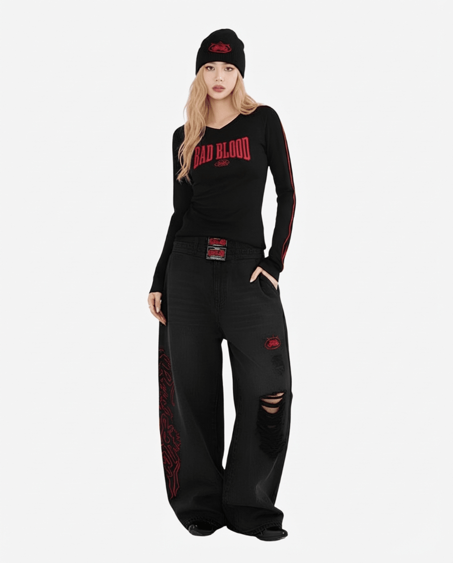 Badblood アメリカンレトロサイドラインロングTシャツ - zirara