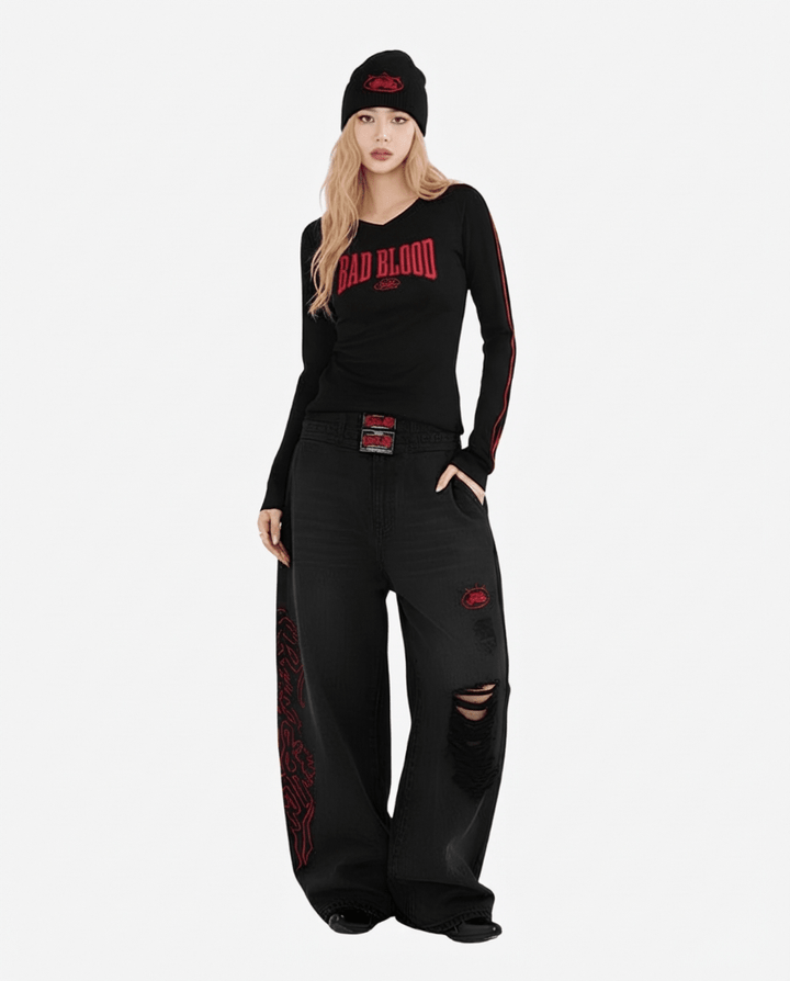 Badblood アメリカンレトロサイドラインロングTシャツ - zirara