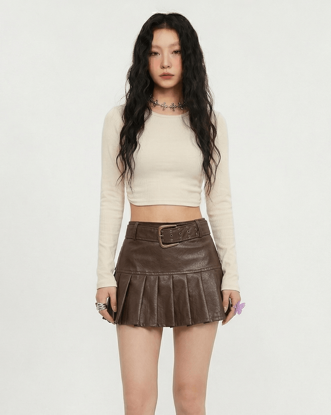 バックルベルトフェイクレザー プリーツミニスカート_rara48 - zirara