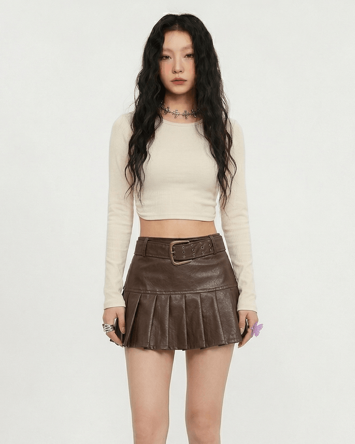 バックルベルトフェイクレザー プリーツミニスカート_rara48 - zirara