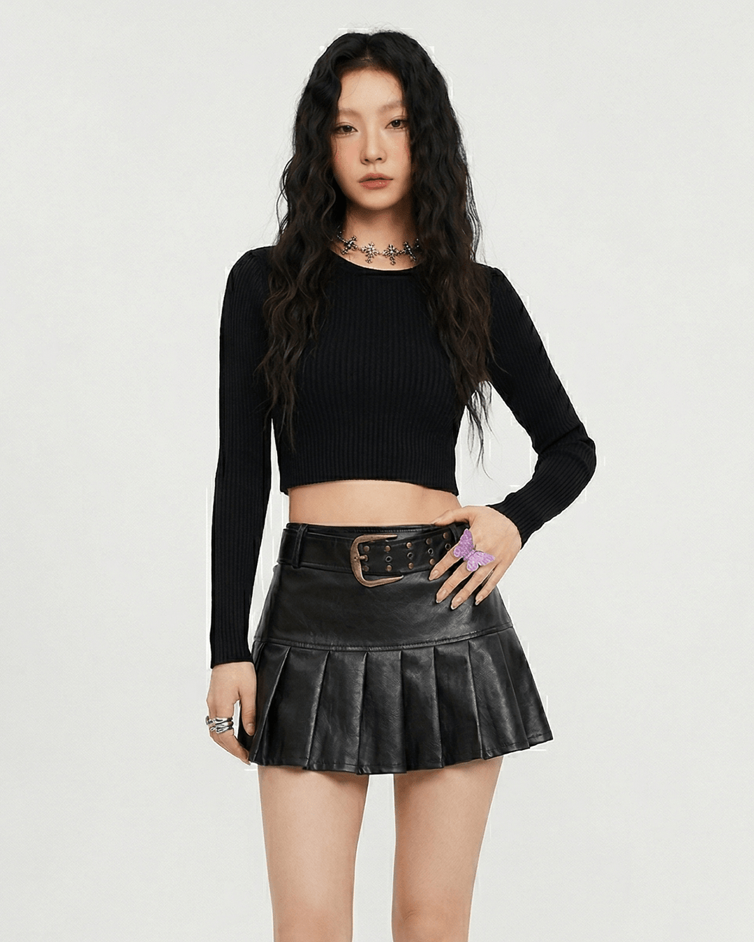 バックルベルトフェイクレザー プリーツミニスカート_rara48 - zirara