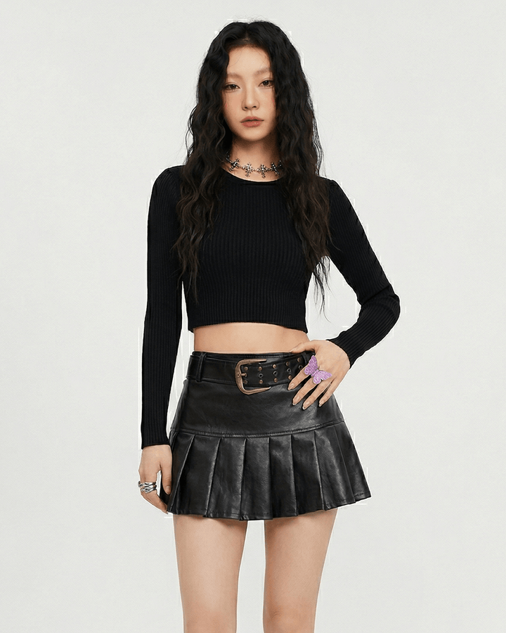 バックルベルトフェイクレザー プリーツミニスカート_rara48 - zirara
