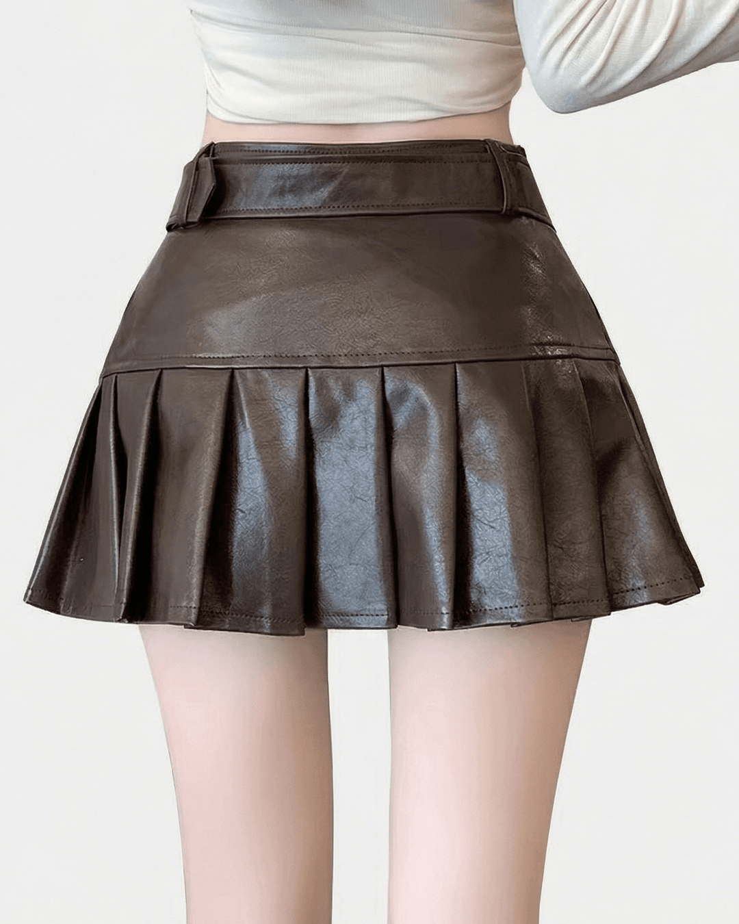 バックルベルトフェイクレザー プリーツミニスカート_rara48 - zirara
